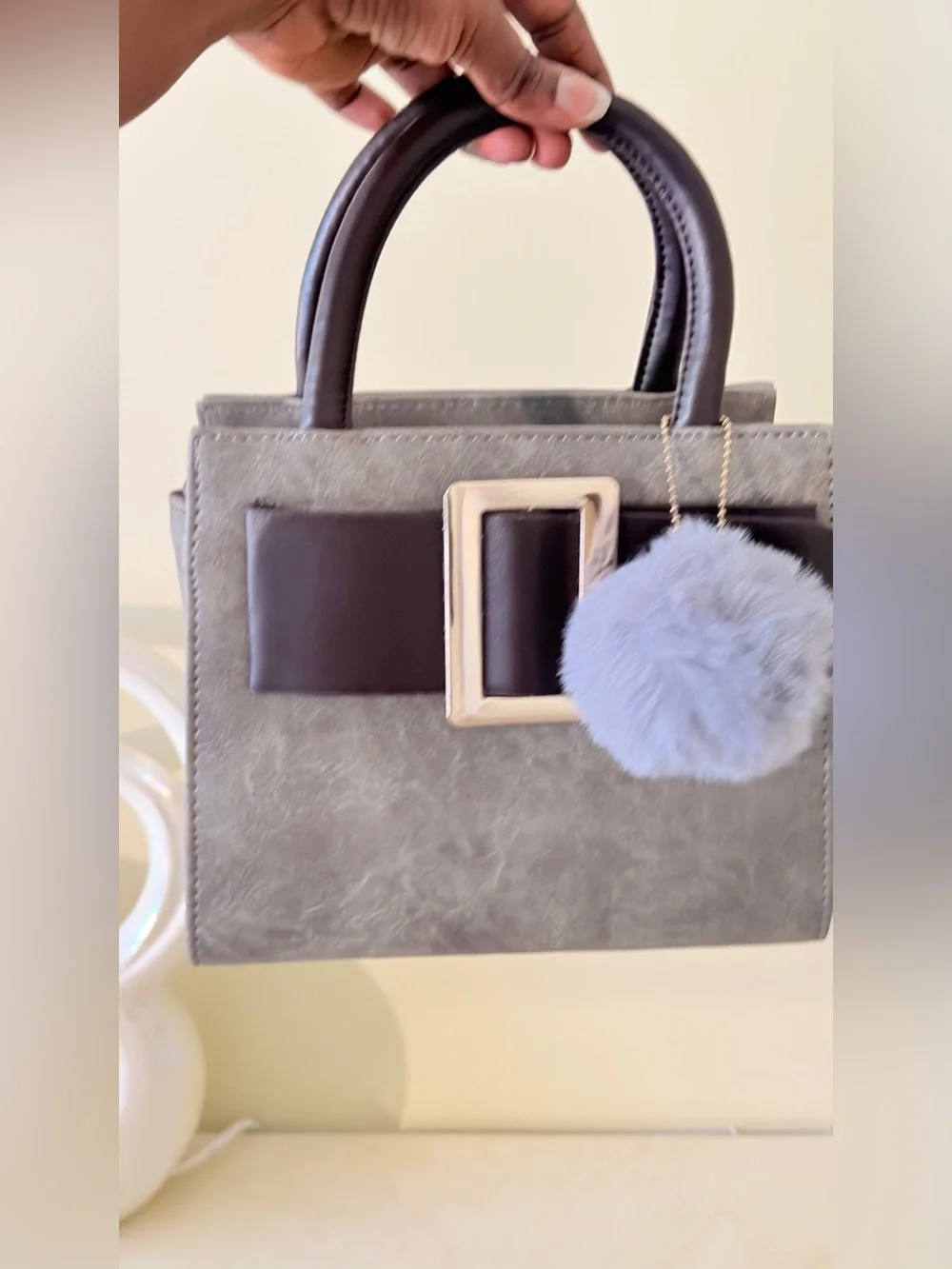 Gray Suede Top-Handle Satchel with Pom Pom Charm